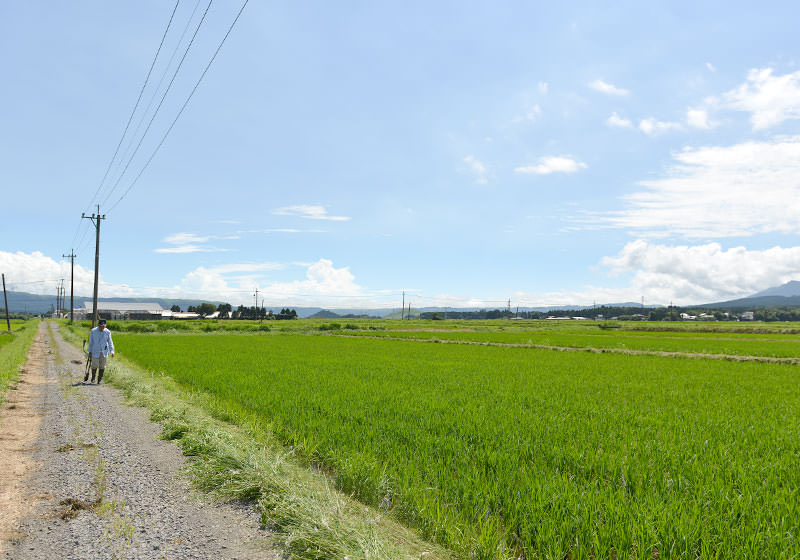 今日は炎天下の中、田んぼの畔の草刈りを行っていた中川さん。「今日は暑かー！休憩せんと倒るっばい」