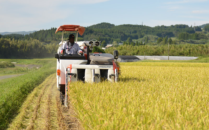 コンバインに乗る北野悦之さん