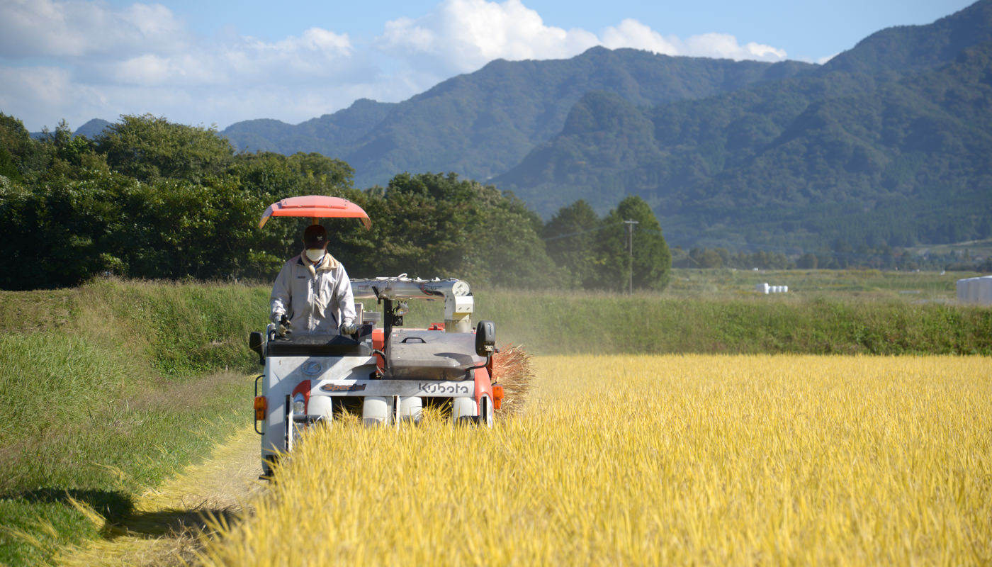 コンバインに乗る笠野さん。