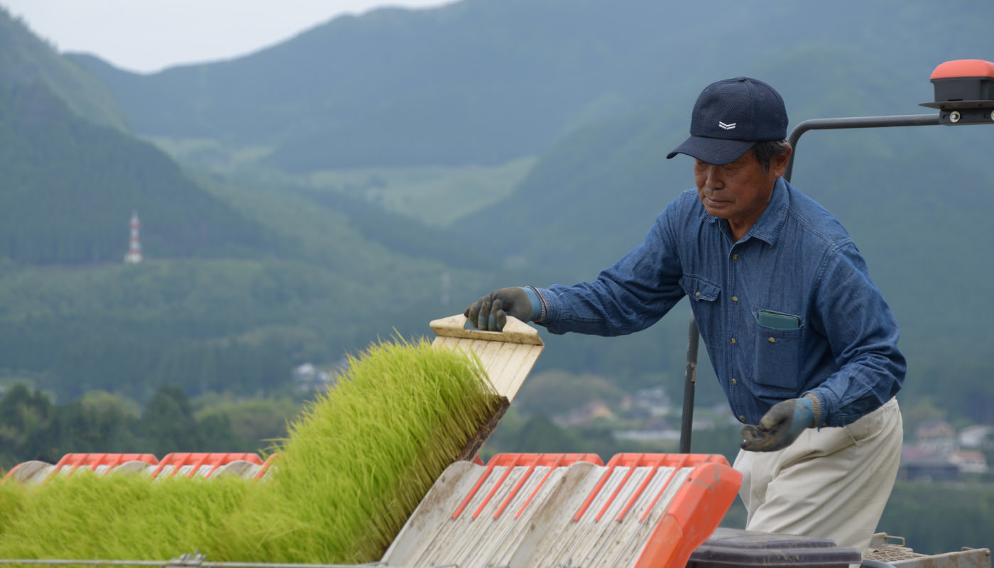 阿蘇外輪山をバックに田植え